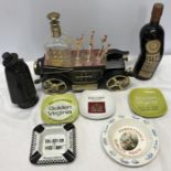 Mixed lot of breweriana, musical vintage car whisky decanter, 6 glasses, glamour girl cocktail