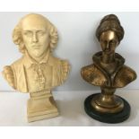 Indian brass bust of a young lady, 32cms h and a resin bust of Shakespeare, 33cms h.