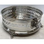 Elkington and Co silver plated jardinere stand, lion face handles, ball and claw feet. 24cms w.