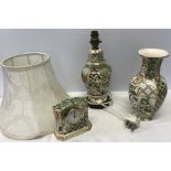 Masons Applique pattern vase, 25cms h. Quartz clock, 13cms h and a table lamp, 25cms h on wooden