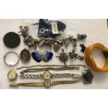 Vintage costume jewellery, watches etc to include Cartwheel penny, silver charm bracelet, hallmarked
