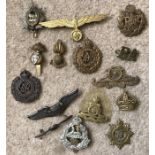 Collection of 15 WW I and II military cap badges. Royal Engineers, Ubique, RAF, Royal Artillery,