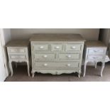 Painted chest of drawers, 3 short over 2 long drawers with 2 bedside 2 drawer cabinets. Chest 99 w x