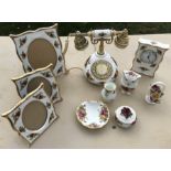 Royal Albert Old Country Roses collection including telephone, mantle clock, photo frames x 3, pin