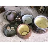 Brass jam pan, enamel pans, galvanised funnel, copper light fitting etc.