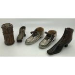 Four 19th/20thC boots and shoe pin cushions, 2 a/f with a lidded wooden container. 7cms h.