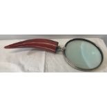 A supersized magnifying glass with red and black horn shaped handle. 51cms l, glass 20cms d.