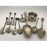 Silver to include enamel coffee bean spoons, Birmingham 1924, preserve spoon, Sheffield 1899, 2
