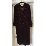 Ladies Aquabury purple velvet military style coat, UK size 12.