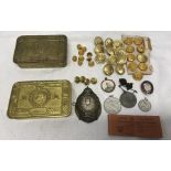 Two WW I Queen Mary Christmas tins, large cap badge mine clearance service, Royal Navy brass