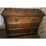 A Victorian 3 height mahogany chest of drawers. 125 w x 53 d x 94 cms h with wooden knobs. Condition