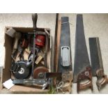 A box of good quality vintage tools including Spear and Jackson saw, measures, razor strop etc.