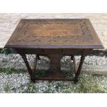 Oak carved top hall table. 85 w x 53 d x 75cms h.