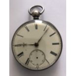 A silver cased pocket watch lacking second hand. 93.4gms total.