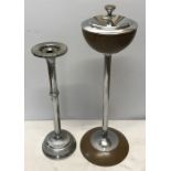 Two chrome smokers companion ash trays, one with teak effect. 63cms h.