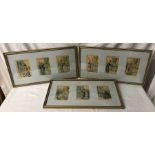 Set of three framed triple prints. French humorous 1950's, each print approx 14 h x 9cms w.