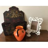 A miscellany to include 19thC papier mâché paper rack, painted metal photograph frame, male bust and