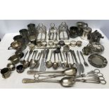 Quantity of shipping silver plate, toast racks, cutlery, mugs, dishes, napkin rings, grape shears