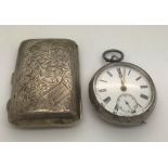 A silver cased pocket watch together with a cigarette case with foliate scroll engraving and L.