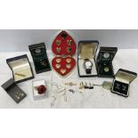 Selection of costume jewellery, cufflinks, tiepins, pearl drop earrings, coin of the realm pendant