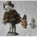 Pottery pin cushion doll, 15cms h and 2 pin cushion pot dolls heads.