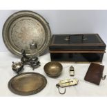 Black metal cash box (no key), silver plate circular tray, ball and claw feet, 32cms w, small Viners