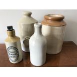 Four earthenware jars to include Morgan's Brewery Comp, Norwich and Kings Lynn, Brewed Ginger Beer