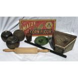 Selection, Maize Cornflower advert on wood panel, 3 bowling woods, enamel chamberstick, rolling pin,