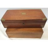 Two Victorian writing slope boxes, smaller 45 w x 23 d x 15cms h, veneer split to side, repair to