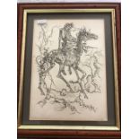 A framed engraving of a skeleton on skeleton horse 22 x 16cms AJ Law 1969 'Septimus' with a