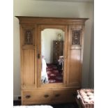 Light oak Arts and Crafts wardrobe with original copper handles with hammered finish, central