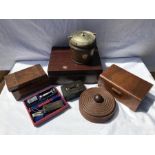 Mahogany box and a walnut inlaid tea caddy for restoration, walnut jewellery box, circular turned