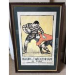 Large framed colour railway travel print, reproduction. Rugby at Twickenham by Tram, Laura Knight.