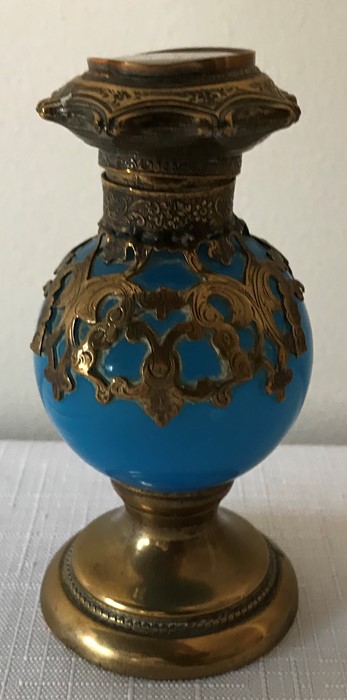 A 19thC turquoise glass and brass encased scent bottle. 9.5cms h with painted classical building - Image 2 of 4