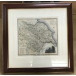 Framed coloured map of Yorkshire, published by Pigot and Co, London. 34 h x 36cms w. Condition