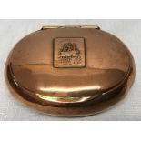Copper tobacco/snuff box with hinged lid and copper badge made from copper sheathing of Nelson's