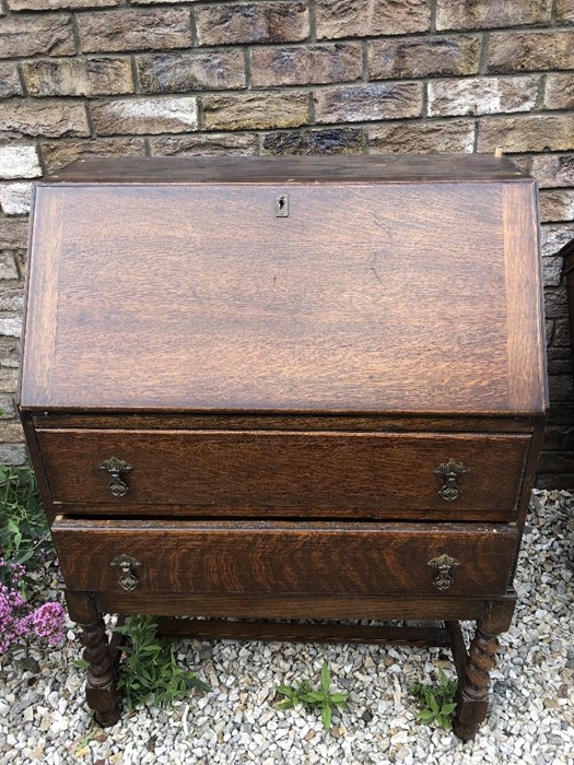 An oak bureau bookcase with glazed leaded top, base with 2 drawers and barley twist legs. 182 h x 72 - Image 2 of 3