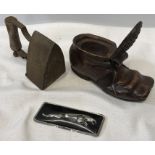 Carved wooden boot with lid, small iron 10cms l and a Jaguar car badge, 10cms w.