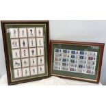 Two sets of framed and mounted cigarette cards, Territorial Regiments and Caricatures of the British