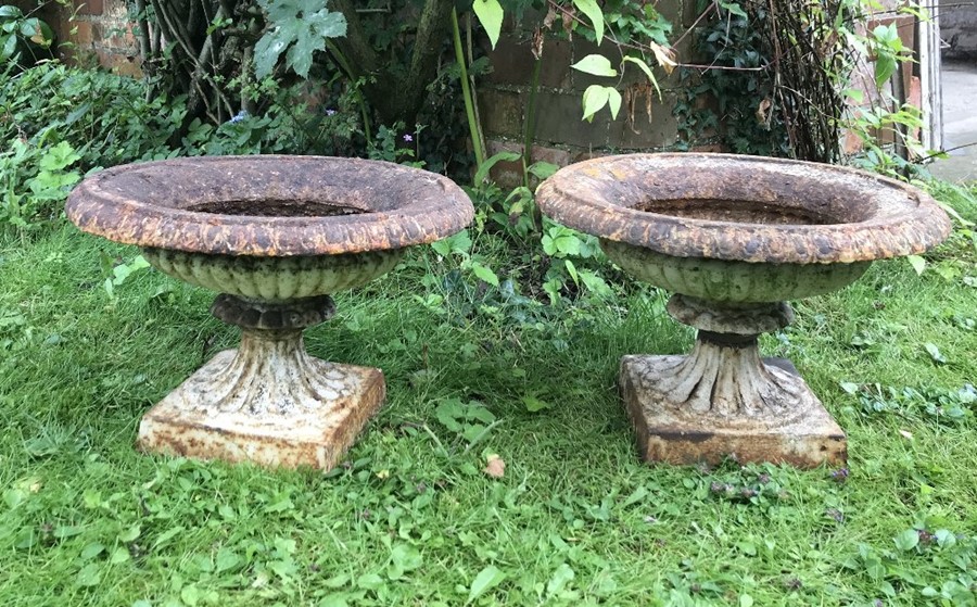 A pair of 19thC cast iron garden urns. 38cms d.