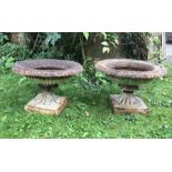 A pair of 19thC cast iron garden urns. 38cms d.