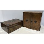 Oak smokers cabinet, 30 h x 32cms w together with a brass decorated writing box.Condition