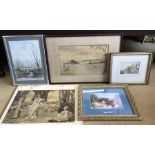 Three framed watercolours, lake scenes and middle east scene and 2 prints, King Charles and a mid
