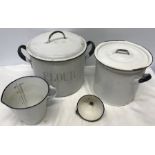White enamel kitchenware, flour bin 25cms h, round lidded storage bin 23cms h, measure jug and