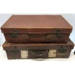 Large leather suitcase with brass fittings. 67w x 40 h x 20cms d and another leather case missing