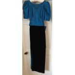 A vintage black velvet and turquoise silk ballgown, large bow to back, waist measure 36cms laid