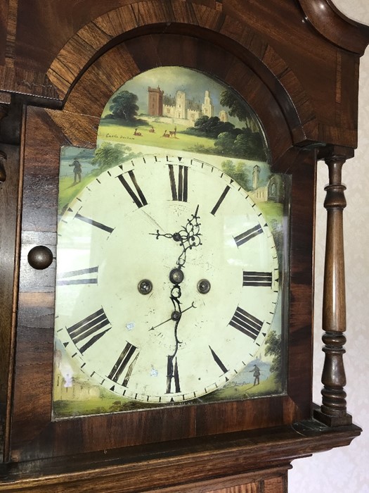 An oak and mahogany cross banded longcase clock, painted face depicting Raby Castle, Durham. - Image 5 of 7