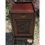 Edwardian mahogany coal box, drop front with carved panel. 70 h x 35 w x 37cms d.Condition