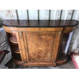 A Victorian walnut credenza with inlay and ormulu mounts. 147 w x 36 d x 105cms h. Solid central