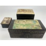Three Victorian boxes including 'What is your fortune my pretty maid', papier mâché snuff box and
